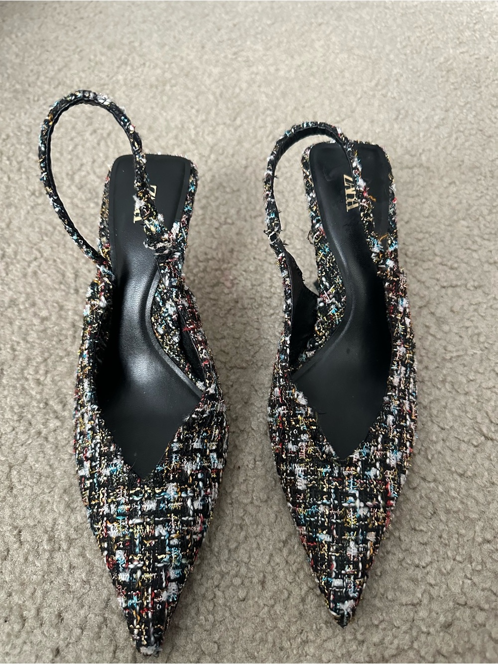 Zara Multicolor Tweed Slingback Pointed Flats